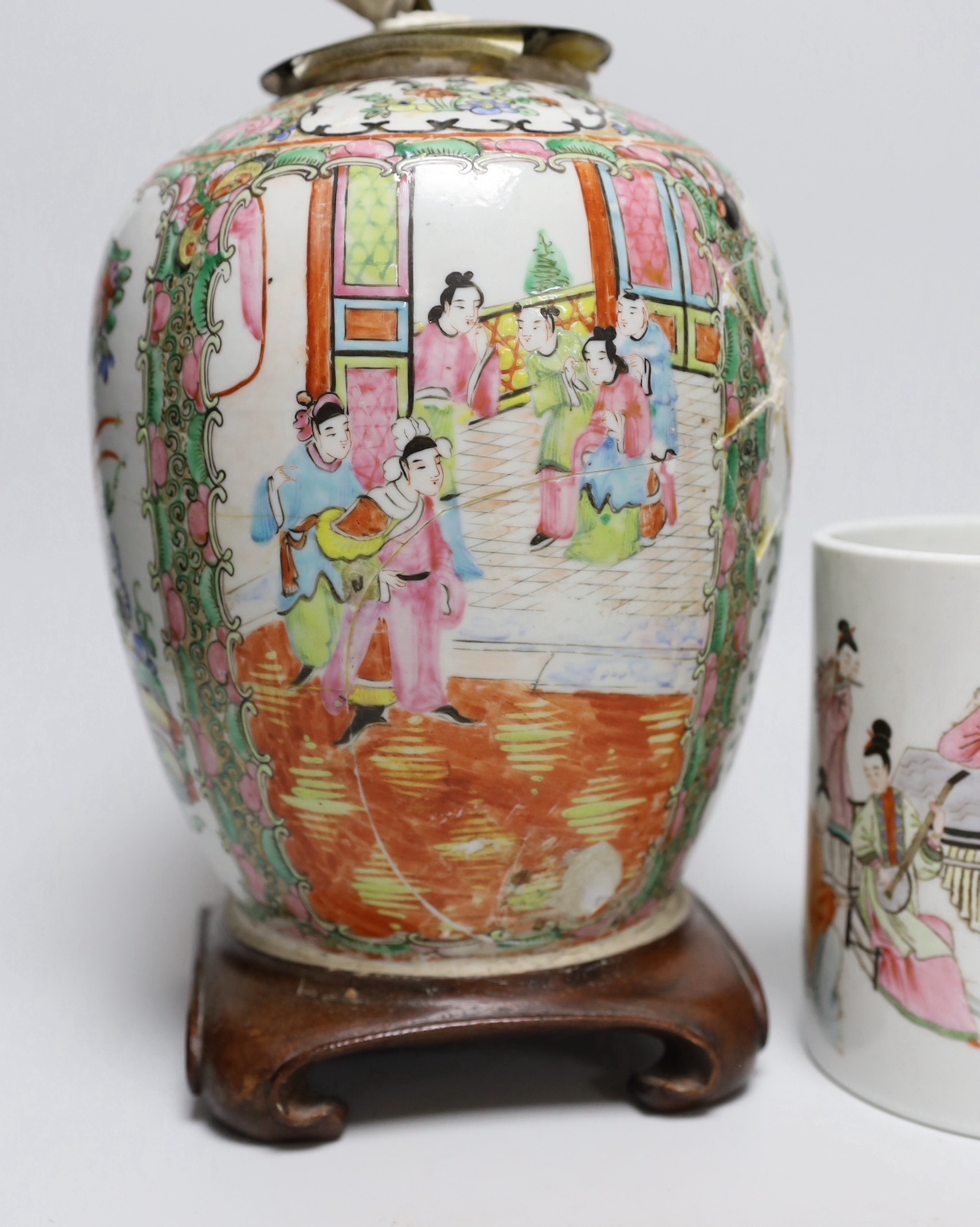 A famille rose vase converted into a lamp, together with a similar brush pot